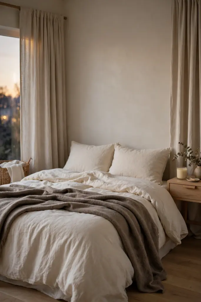 Calm bedroom with cream bedding and a taupe throw.