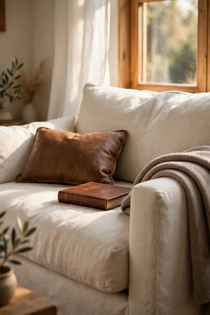 Cream sofa with a soft brown leather cushion.