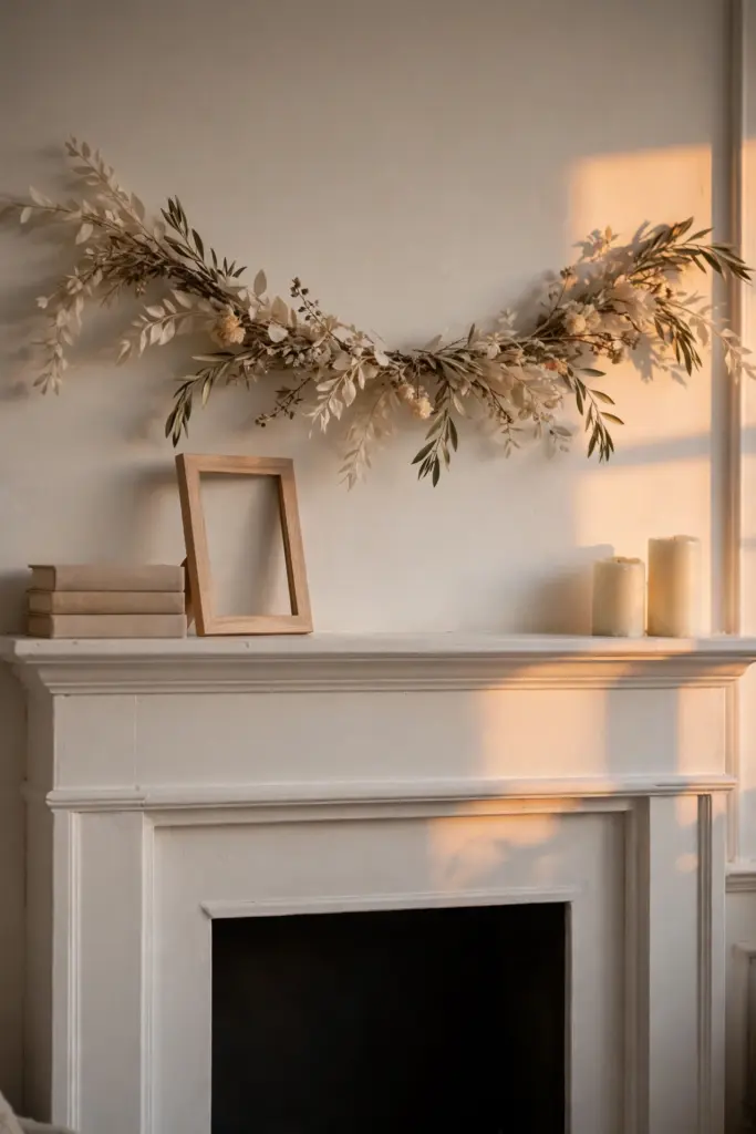 White mantel with cream candles and a light wood frame.