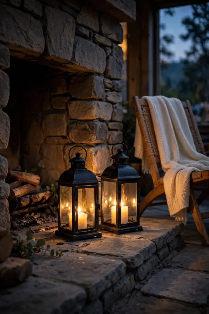 Lanterns with glowing candles on a fireplace hearth.