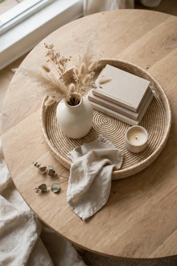 Coffee table tray with a cream vase, books, and a candle.