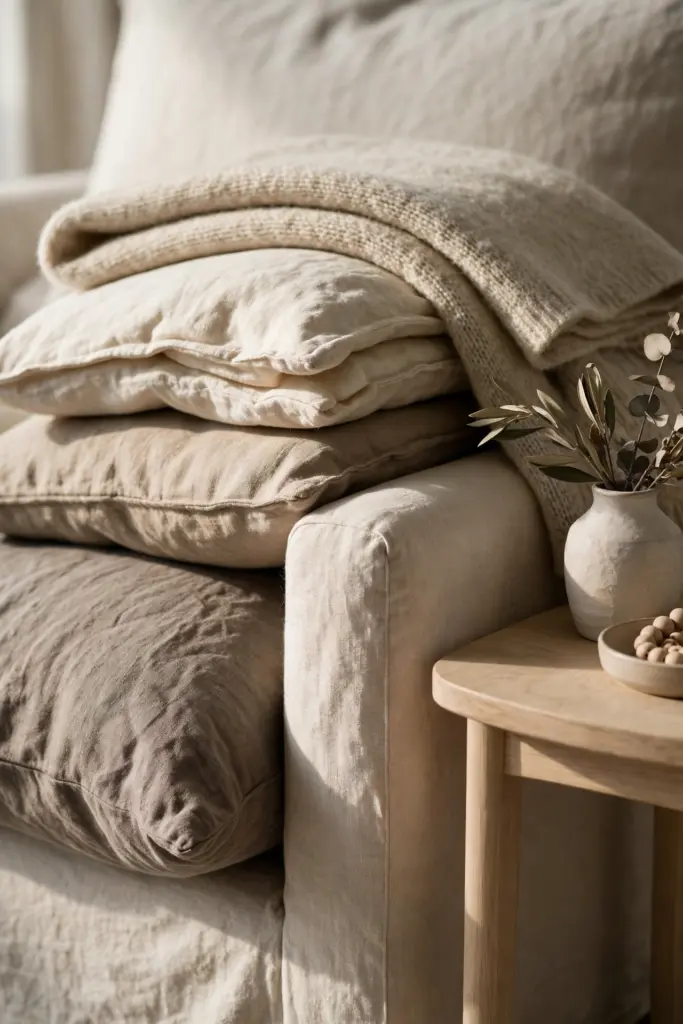 Sofa cushions layered in cream, beige, and taupe linen.