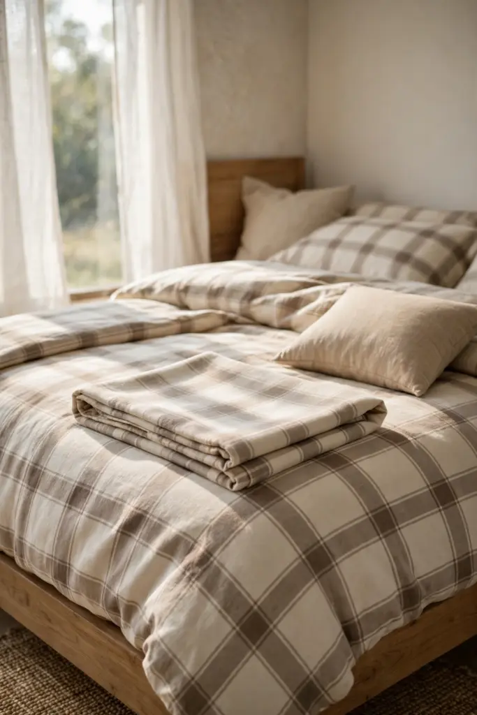 Bed with cream and taupe plaid bedding.