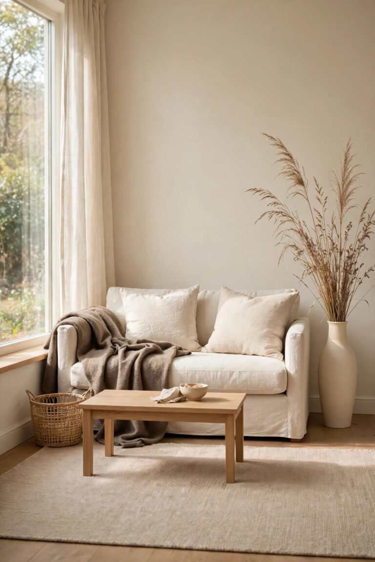 Calm living room in warm ivory and light wood with a cream sofa and dried grasses.