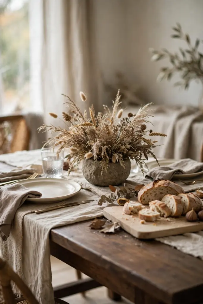 Dining table with a beige runner and cream plates.