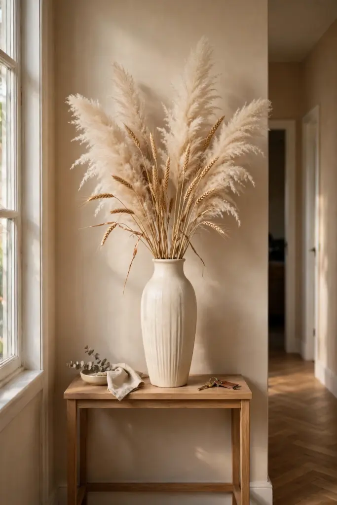 Cream vase with dried grasses on a hallway console table.
