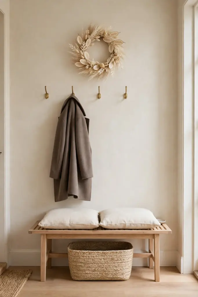 Entryway with a light wood bench and cream wreath.