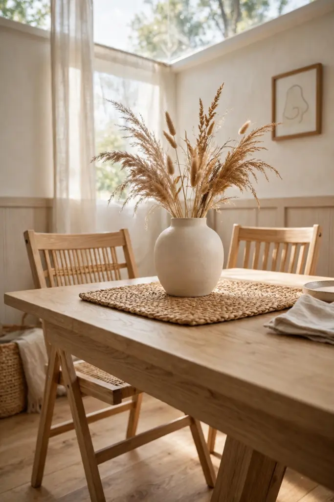 Dining corner with a light oak table and cream vase.
