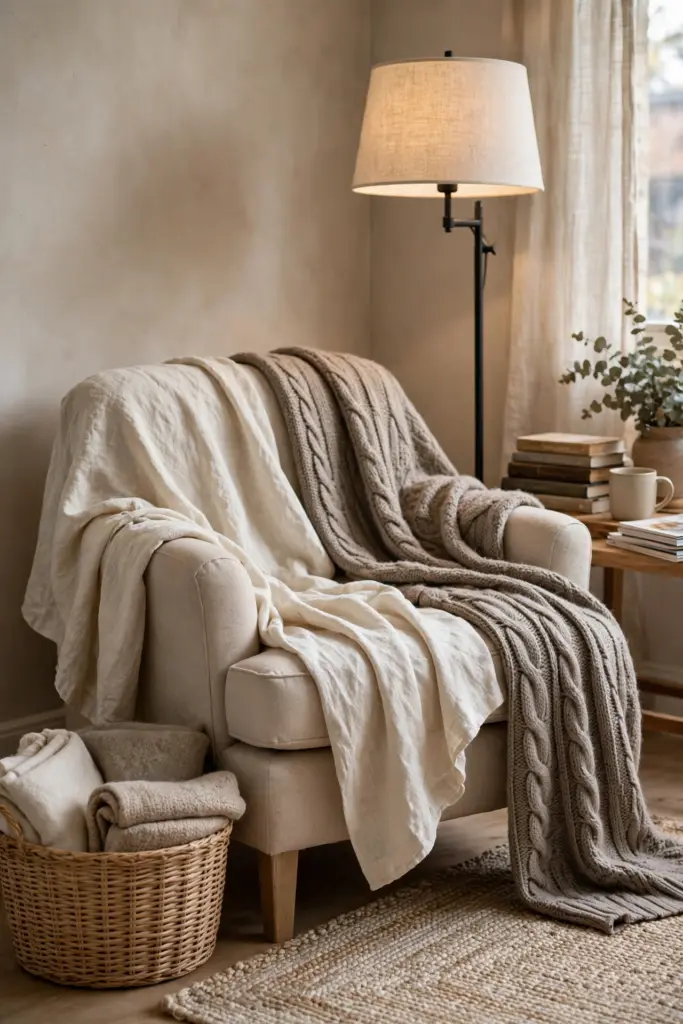 Armchair with layered linen and wool throws.