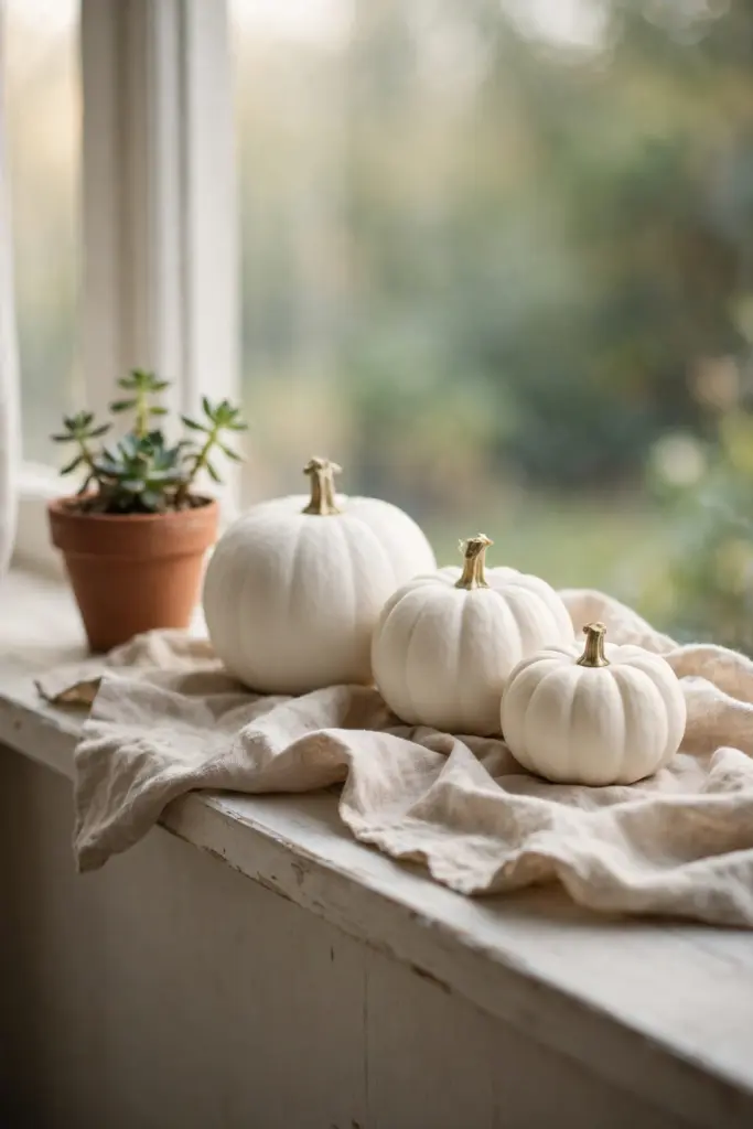 Small matte white pumpkins on a windowsill.