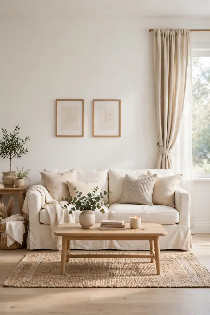 Bright living room with warm white walls and a cream sofa.