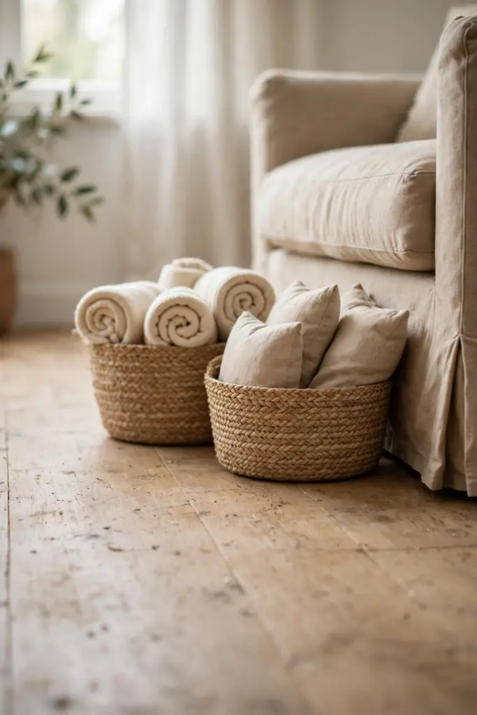 Woven baskets holding rolled blankets beside a sofa.