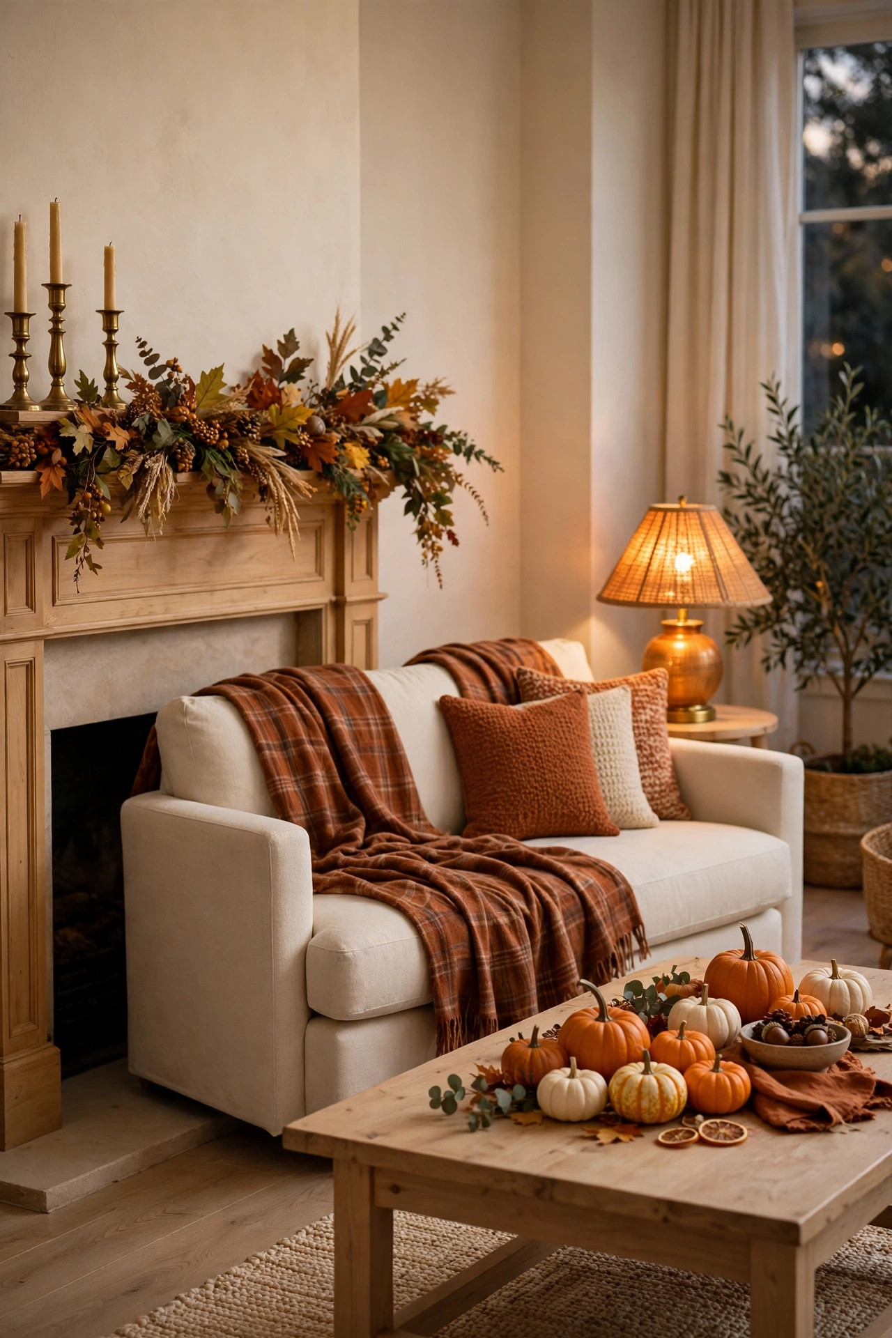 Wide Thanksgiving living room with a harvest mantel, cream sofa, and pumpkin coffee table.