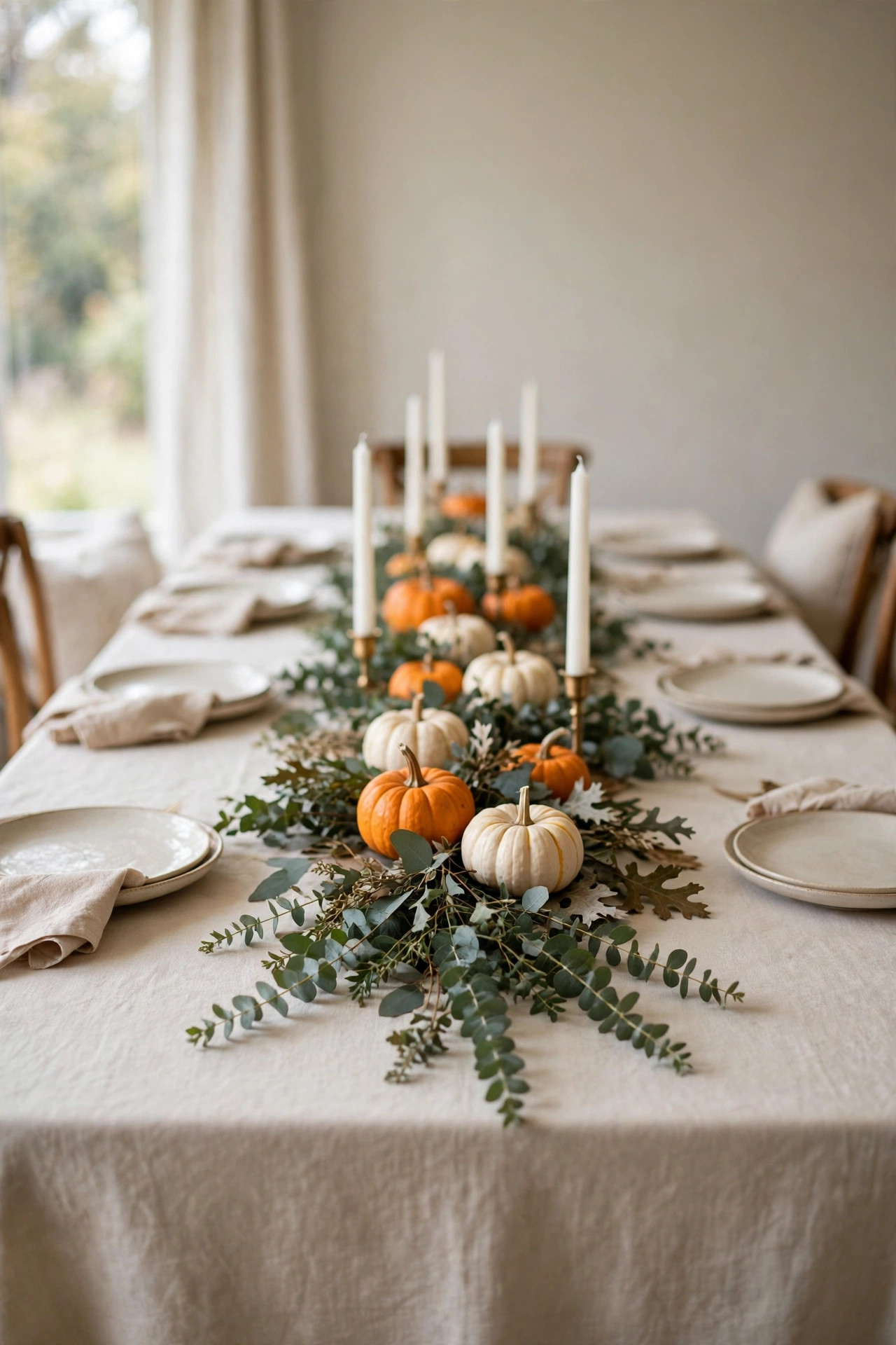 Full Thanksgiving table with a eucalyptus runner, taper candles, and pumpkins.